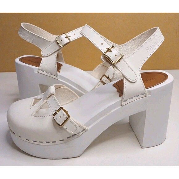 Swedish Hasbeens Sz 8 38 Retro Sky High White Platform Heels Leather Wooden $390